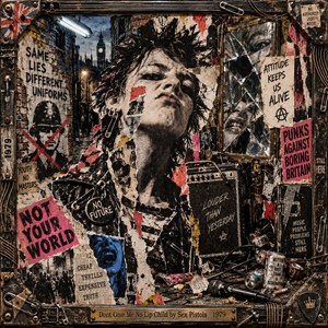 A defiant, spiky-haired punk dominates a chaotic London alley collage, surrounded by torn posters, shattered glass, safety pins, and battered amplifiers. Harsh fluorescent light cuts across gritty black, crimson, yellow, and pink textures. Layered newsprint, graffiti, and distressed metalwork create a rebellious, confrontational portrait framed in riveted industrial hardware.