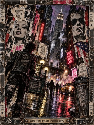 A spiky-haired punk overlooks a rain-soaked New York street beneath towering skyscrapers and glowing neon signs. Torn portraits, rebellious slogans, and battered posters create a gritty collage of urban defiance. Crimson, violet, and golden reflections illuminate shadowy pedestrians, while distressed metal framing and safety pins reinforce the raw punk atmosphere.