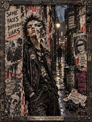 A defiant punk in battered leather stands against torn posters in a rain-soaked London alley, his face fragmented by pasted photographs. Dim streetlights illuminate wet cobblestones and distant figures. Grimy blacks, faded reds, and weathered beige dominate this rebellious mixed-media collage, enclosed by a riveted metal frame with engraved title plate.