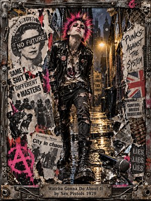 A defiant pink-haired punk strides through a rain-soaked London alley, surrounded by torn protest posters, police imagery, shattered mirrors, and a discarded microphone. Harsh amber streetlights illuminate wet pavement amid grim blacks, dirty whites, and splashes of magenta. Layered collage textures, industrial metalwork, and an engraved title plate intensify the rebellious atmosphere.