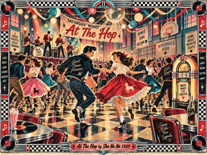 A jubilant 1950s-style dance fills a glowing school gym, where spinning couples, a lively stage band, checkerboard floors, streamers, vinyl records, and a radiant jukebox create infectious motion. Cherry red, teal, cream, and gold dominate the vintage screenprint design, framed by chrome, musical motifs, and nostalgic diner details.