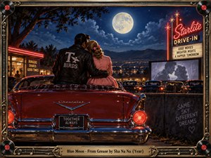 A young couple embraces on a gleaming red 1950s car at a moonlit drive-in, surrounded by neon signs, vintage automobiles, distant city lights, and a classic film screen. Rich blues, reds, chrome highlights, and warm glow create a romantic, nostalgic cinematic atmosphere within an ornate musical frame.
