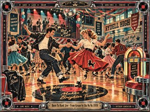 A lively 1950s-style school dance fills a retro gymnasium, where a smiling couple swings across a polished floor beneath streamers, balloons, and glowing stage lights. Rich reds, turquoise, cream, black, and chrome create a joyful vintage screen-print look, framed by records, jukebox details, and polished metallic ornament.