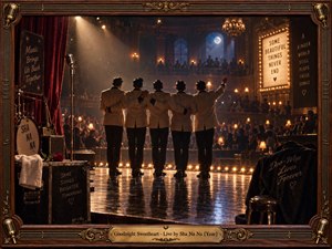 Five retro performers stand arm in arm on a glowing theater stage, facing a warmly lit audience as one waves farewell. Amber footlights, burgundy curtains, midnight blue shadows, polished reflections, vintage microphones, and nostalgic signs create a tender cinematic mood. A carved wood and gold musical frame completes the analog photographic scene.