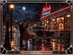 A young couple embraces beside a gleaming 1950s car outside a neon-lit diner on a rain-slicked street. Deep midnight blues, warm amber lamps, red neon, moonlight, and reflective pavement create a tender nostalgic mood. Cinematic photographic styling, misty distance, vintage architecture, jukebox glow, and a chrome musical frame complete the scene.
