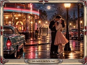 A young couple slow-dances beneath a glowing streetlamp outside a neon diner on a rain-washed 1950s-style street. Warm amber light, turquoise chrome, red reflections, classic cars, and a distant moon create playful nostalgia and tender romance. Cinematic photographic realism is enclosed by an ornate retro musical frame.