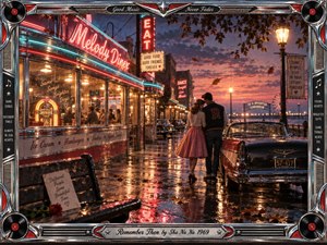 A young couple stands beside a gleaming vintage car outside a neon diner after rain, surrounded by glowing streetlights, jukebox warmth, and wet pavement reflections. Rich reds, turquoise, gold, and dusky blue create a romantic, nostalgic atmosphere, framed in polished chrome with records, musical motifs, and period detailing.