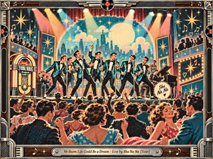 A jubilant 1950s-style doo-wop concert fills a moonlit theater, with teal-jacketed singers performing beneath warm spotlights as couples dance in the foreground. Coral, turquoise, cream, gold, and black create a nostalgic screen-print palette, while chrome jukebox framing, starbursts, musical motifs, and halftone texture heighten the buoyant live-show atmosphere.