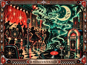 A lively retro dance hall opens into a surreal tropical night, where silhouetted dancers, a vintage microphone, jukebox, crescent moon, and swirling musical smoke pulse with playful energy. Teal, red, cream, and black screen-print textures, checkerboard reflections, atomic starbursts, and a chrome-trimmed rock-and-roll frame create a mischievous nostalgic mood.