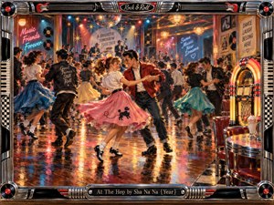 A jubilant 1950s-style dance hall glows with amber, red, and blue light as couples whirl across a reflective floor. A live band, jukebox, vinyl records, and neon accents create nostalgic rock-and-roll energy. Rich oil-painted textures, dynamic movement, chrome details, and a polished musical frame give the scene celebratory theatrical warmth.