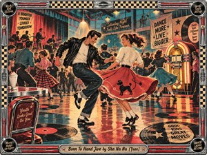 A lively 1950s-style dance hall bursts with youthful rock-and-roll energy as a sharply dressed couple twists across a reflective floor. Warm reds, teal, cream, black, and chrome glow beneath hanging lights and a radiant jukebox. Distressed screen-print textures, vintage signs, records, and checkerboard framing create exuberant nostalgic motion.