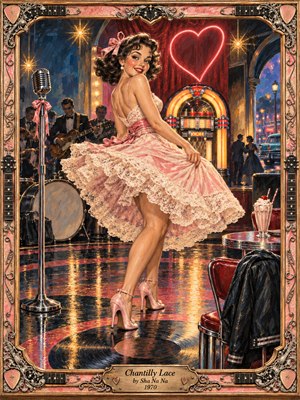 A glamorous dancer twirls across a polished retro dance hall, her pink lace dress glowing beneath warm golden lights. A jukebox, vintage microphone, musicians, neon heart, milkshake, and classic car enrich the nostalgic scene. Ornate pink, brass, and chrome framing completes the richly detailed painterly composition.