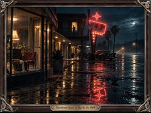 A rain-soaked roadside motel glows beneath a stormy midnight sky, its red neon sign reflecting across slick pavement. A solitary figure stands behind an upstairs window while a vintage black car waits below. Warm interior lamps contrast with cold blue darkness, creating a cinematic, lonely, nostalgic rock-and-roll atmosphere.