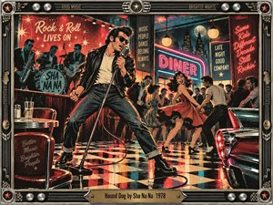 A leather-jacketed singer commands a neon-lit retro diner, backed by musicians and lively dancers. Red, black, cream, and turquoise tones glow across a reflective checkerboard floor. Bold graphic textures, vintage signage, chrome details, and dramatic lighting create an energetic 1950s rock-and-roll atmosphere framed by ornate musical hardware.