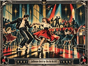 A jubilant retro dance hall erupts with rock and roll energy as a sharply dressed couple spins across a glossy patterned floor. Bold red, black, gold, and teal tones, theatrical spotlights, a live band, jukebox, and vintage poster styling create a lively nostalgic atmosphere framed by polished chrome and vinyl details.