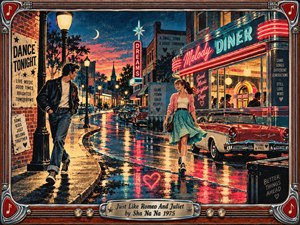 A neon-lit small-town street glows after rain as a young couple approaches from opposite sides, framed by a vintage diner, classic convertible, streetlamps, and twilight sky. Rich reds, turquoise, amber, and deep blue create nostalgic romance, while reflective pavement and retro poster styling give the scene lively 1950s-inspired warmth.