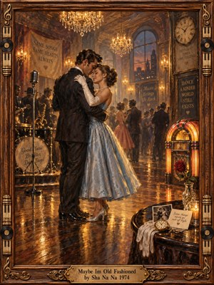 A warmly lit vintage ballroom glows with chandeliers as an elegantly dressed couple slow dances at center. Rich amber, brown, blue, and gold tones reflect across the polished floor. A jukebox, microphone, rose, clock, and nostalgic keepsakes deepen the romantic mood, all rendered in detailed, painterly oil style.