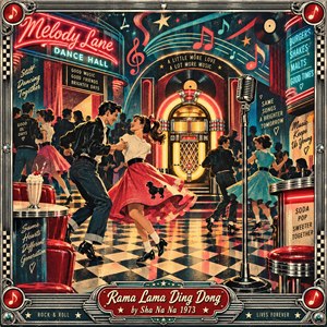 A lively retro dance hall glows with neon reds, turquoise, cream, and gold as young couples swing across a checkerboard floor around a radiant jukebox and vintage microphone. Bold graphic textures, diner details, musical symbols, and chrome framing create a playful 1950s-inspired poster mood filled with motion, nostalgia, and exuberant rock-and-roll energy.