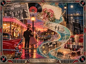 A nostalgic mixed-media collage blends a rain-slicked 1950s street, glowing diner, vintage cars, dancing couples, seaside boardwalk, records, flowers, and faded photographs. An S-shaped ribbon of memories winds through warm reds, turquoise, gold, and moonlit blues, creating a romantic, reflective atmosphere framed by polished chrome and musical details.