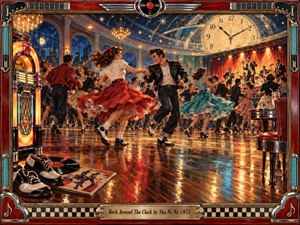 A lively 1950s-style dance hall bursts with rock and roll energy as couples spin beneath chandeliers and a glowing clock. Warm reds, golds, turquoise, and polished reflections create a festive atmosphere. Painterly detail, dramatic lighting, a jukebox, stage band, vinyl records, and retro frame elements reinforce nostalgic celebration.