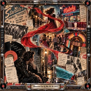 A richly layered retro collage surrounds a rainy neon-lit diner, where a woman in a flowing red dress moves through the night while a brooding man watches from below. Torn posters, records, a glowing jukebox, vintage cars, and handwritten notes create nostalgic heartbreak, framed in ornate chrome and dark wood.