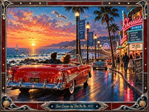 A gleaming red convertible cruises beside a lively oceanfront promenade at sunset, surrounded by palm trees, neon diners, glowing streetlamps, and distant carnival lights. Warm orange skies reflect across wet pavement and chrome, creating a joyful nostalgic atmosphere. Rich painterly detail and an ornate musical frame evoke vintage rock and roll.