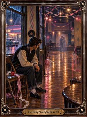 A lonely young man sits in a rain-soaked 1950s dance hall after the celebration has faded, watching a distant couple beneath warm lights. Pink streamers, balloons, glossy floors, and neon reflections contrast with his heartbreak. Cinematic painted realism, deep blues, amber highlights, and vintage details create wistful nostalgia and quiet emotional tension.