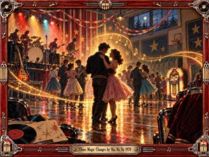 A glowing 1950s-style school dance fills a decorated gymnasium as a young couple embraces beneath sweeping golden musical notes. Dancers, a live band, jukebox, records, and polished floors create nostalgic energy. Warm amber, red, and blue lighting gives the richly painted scene romantic, celebratory atmosphere and vintage charm.