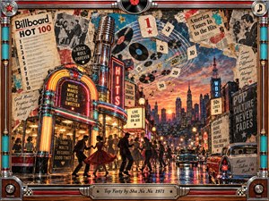 A vivid retro streetscape celebrates rock and roll nostalgia with neon diners, dancing couples, vintage cars, records, radio towers, and chart imagery beneath a glowing sunset skyline. Warm reds, golds, and blues reflect across wet pavement, while layered collage textures and chrome framing create an energetic, theatrical 1950s revival atmosphere.