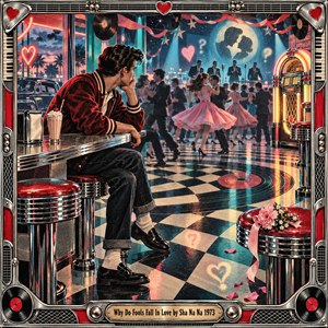 A solitary young man watches couples dance inside a glowing 1950s-style diner, surrounded by chrome stools, checkerboard floors, neon hearts, records, and a bright jukebox. Warm reds, pinks, turquoise, and gold create nostalgic romance, while his quiet posture adds wistful tension to the richly detailed retro illustration.