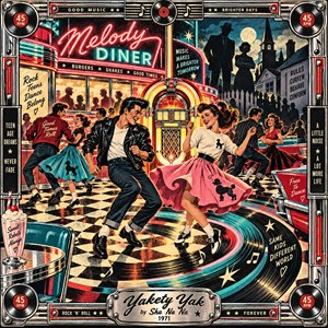 A jubilant 1950s-style diner erupts with rock-and-roll energy as young dancers twist across a record-shaped floor beneath glowing neon. Bold red, turquoise, cream, and black colors create a lively vintage printmaking look. A radiant jukebox anchors the scene, while moonlit suburban silhouettes suggest youthful rebellion beyond the celebration.