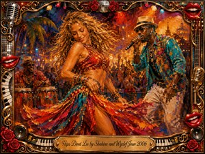 A vibrant oil-painted concert scene captures a glamorous dancer swaying beside a charismatic singer with a microphone, surrounded by percussion, cheering crowds, and glowing stage lights. Fiery reds, turquoise, gold, and orange create a sensual, celebratory mood, framed by ornate chrome-and-gold musical motifs, roses, red lips, speakers, and piano keys.