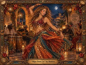 A vibrant dancer commands a moonlit courtyard, surrounded by musicians, glowing lanterns, flowers, and warm stone arches. Her swirling red, teal, and gold costume creates dynamic movement against the deep blue night. Rich painterly textures, intricate ornament, festive lighting, and a handcrafted frame evoke sensual rhythm, celebration, and Mediterranean warmth.
