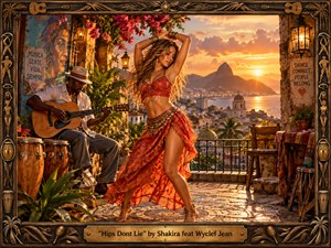 A radiant dancer moves across a sunlit tropical terrace above a coastal city, accompanied by a guitarist and hand drums. Fiery reds, golds, and lush greens glow in warm sunset light, creating an exuberant, sensual mood. Ornate carved framing, lanterns, flowers, textured stone, and musical details enrich the cinematic realism.