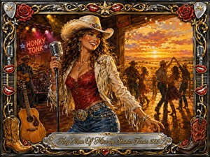 A confident country singer in a cowboy hat performs inside a lively honky-tonk, framed by guitars, boots, roses, microphones, and ornate gold detailing. Warm amber stage lights blend with a glowing sunset and dancing couples outside. Rich reds, browns, golds, and denim blues create an energetic, romantic oil-painted atmosphere.