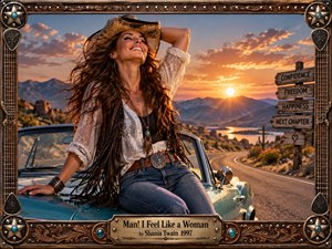 A joyful woman in western-inspired clothing relaxes against a turquoise convertible beside a winding mountain road at sunset. Warm amber light, rugged peaks, and rustic signposts create an exuberant sense of freedom and confidence. Photorealistic detail, rich textures, turquoise accents, and an ornate leather-and-metal musical frame complete the celebratory composition.