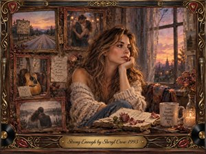 A wistful woman sits beside a sunset-lit window, surrounded by vintage rosewood frames holding faded romantic memories, an acoustic guitar, handwritten notes, roses, and distant road scenes. Warm amber, burgundy, and dusky blue tones create tender melancholy, while painterly textures, soft candlelight, musical details, and ornate gold framing evoke enduring love and reflection.