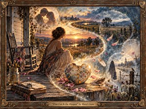 A solitary woman sits on a weathered porch at sunset, surrounded by glowing memories that spiral through the landscape in a luminous S-curve. Warm golds, dusky blues, and faded florals create a bittersweet mood, while a repaired ceramic heart, drifting petals, distant figures, and rustic framing evoke heartbreak, healing, and remembrance.