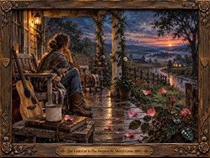 A solitary woman sits on a rain-darkened country porch at sunset, gazing across a winding road and misty hills. Warm lantern light contrasts with deep blue twilight, pink roses, scattered petals, worn wood, and an acoustic guitar. Rich painterly textures and an ornate rustic frame create wistful, handcrafted melancholy.