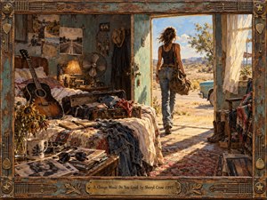 A young woman leaves a weathered roadside room toward a sunlit desert highway, carrying a worn bag as wind lifts her hair. Warm gold and turquoise tones contrast the shadowed interior, scattered clothes, guitar, photographs, and travel objects. Detailed painterly textures create a restless, hopeful mood of departure and renewal.