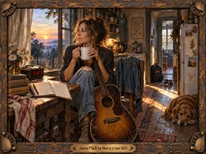 A thoughtful woman sits in a rustic dawn-lit kitchen holding a warm mug beside a worn acoustic guitar. Golden sunrise light meets cool blue shadows across weathered wood, books, flowers, a glowing alarm clock, and a resting dog. Painterly textures, intimate composition, and handcrafted framing create a reflective, hopeful Americana mood.