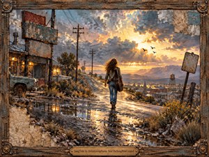 A lone woman carrying a guitar walks down a rain-darkened desert road toward a glowing horizon beneath turbulent clouds. Rusted roadside buildings, abandoned vehicles, telephone poles, puddled reflections, and distant mountains create a weathered Americana mood. Warm gold light breaks through cool gray-blue skies, framed by distressed wood and metal.