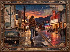 A windswept woman carrying a guitar case strides down a rain-glossed desert town street toward glowing neon, warm storefronts, and distant mountains beneath a crescent moon. Rich amber, coral, teal, and indigo tones illuminate textured oil, wax, and collage surfaces, framed by weathered wood and musical metalwork.
