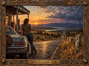 A weathered traveler pauses beside an aging blue car at a lonely roadside overlook, facing a winding highway beneath a dramatic sunset. Warm amber light meets gathering blue-gray storm clouds over distant mountains and water. Rustic brushwork, cracked pavement, wild grasses, birds, and an ornate guitar-inspired frame create reflective, restless hope.