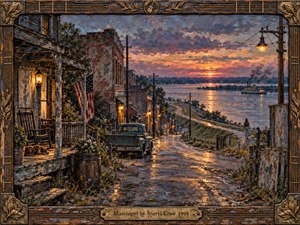 A weathered river town descends toward the Mississippi at sunset, where warm amber light reflects across wet streets and broad water. A lone woman overlooks the river as an old pickup, porches, brick buildings, and a distant steamboat deepen the nostalgic mood. Textured painterly detail and a rustic musical frame complete the scene.