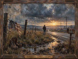 A lone figure stands beside a rain-darkened rural road, facing a golden sunrise breaking through heavy storm clouds. Weathered fences, torn fabric, muddy boots, puddles, telephone poles, and a rusted mailbox deepen the reflective mood. Rich oil-and-wax textures, muted blues, browns, and warm amber light create solemn, handcrafted Americana.
