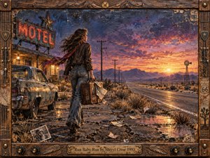 A lone traveler leaves a weathered roadside motel at sunset, carrying a battered suitcase toward an open desert highway. Warm amber light cuts through purple storm clouds, reflecting in puddles and worn asphalt. Rugged oil-paint textures, faded Americana details, mountains, telephone poles, and a windmill create a restless, bittersweet sense of escape.