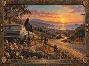 A weathered blue pickup rests beside a winding coastal road at sunset as a lone woman gazes toward glowing mountains and sea. Warm amber light, dusty grasses, wildflowers, telephone poles, and a resting guitar create a nostalgic, hopeful mood. Rich painterly textures and an ornate guitar-inspired frame complete the scene.
