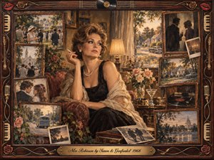 A poised woman sits pensively in a warmly lit 1960s interior, surrounded by framed suburban memories, roses, photographs, and a spinning record player. Rich amber, brown, cream, and muted green tones create nostalgic melancholy. Painterly textures blend realism with impressionism, while musical details and ornate rosewood framing deepen the reflective atmosphere.
