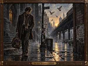 A solitary young man walks through a rain-soaked 1960s city street, carrying a worn duffel beneath elevated tracks and weathered brick buildings. Moody charcoal grays, rusted browns, and golden sunset reflections create weary resilience. Painterly textures, pigeons, vintage cars, torn posters, and a guitar-string frame deepen the melancholy urban atmosphere.